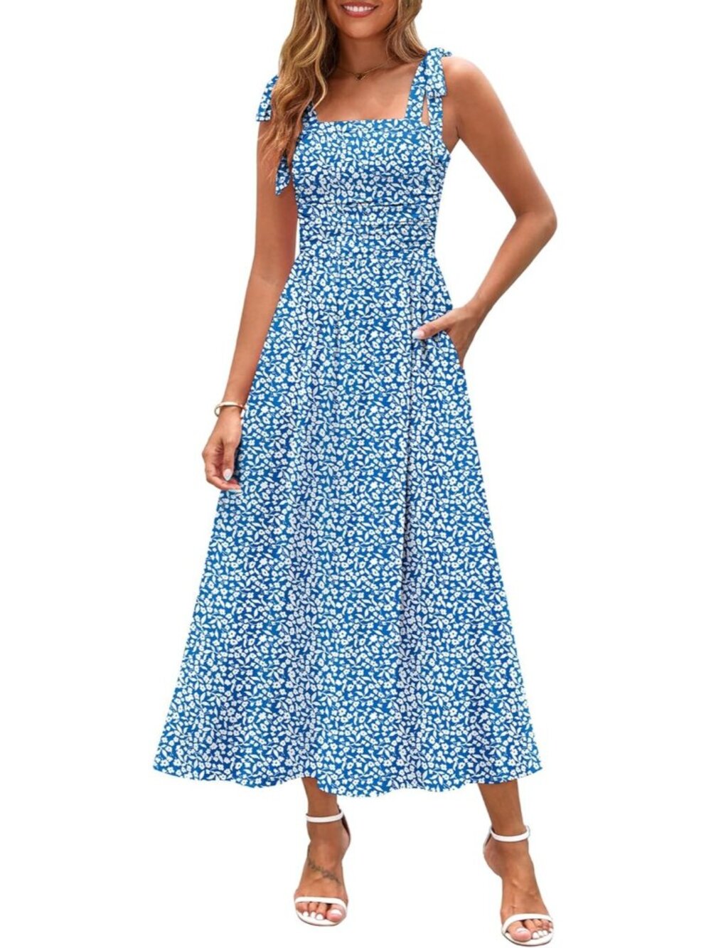 🆕 Women's White Blue Floral Sleeveless Square Neck With Pocket Maxi Dress